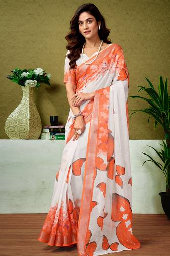 White and orange linen zari screen printed casual and work ready to wear saree with blouse