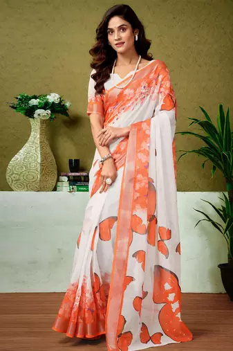 White and orange linen zari screen printed casual and work ready to wear saree with blouse