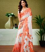 ready to wear white and orange linen zari screen printed casual and work saree with blouse