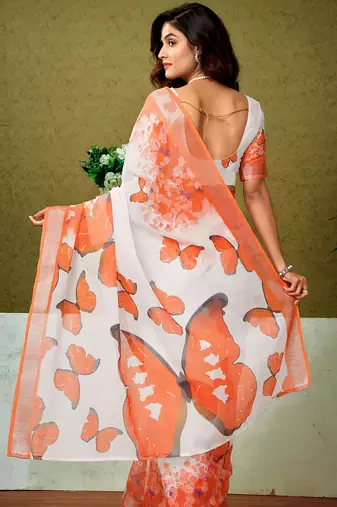 pre draped white and orange linen zari screen printed casual and work saree