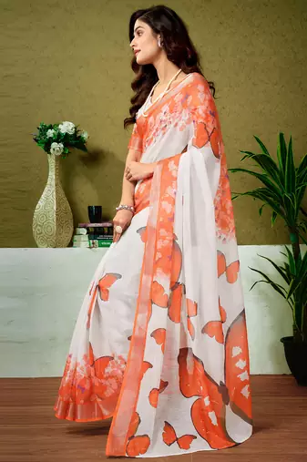 pre draped white and orange linen zari screen printed casual and work saree