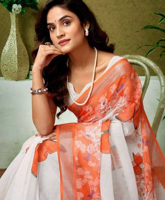 pre draped white and orange linen zari screen printed casual and work saree 4