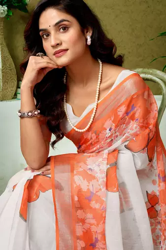 pre draped white and orange linen zari screen printed casual and work saree