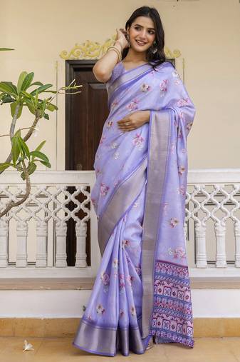 Purple silk screen printed woven zari work ceremony, party and festive ready to wear saree with blouse
