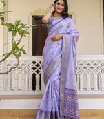 ready to wear purple silk screen printed woven zari work ceremony, party and festive saree with blouse
