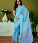ready to wear blue linen zari screen printed casual and work saree with blouse