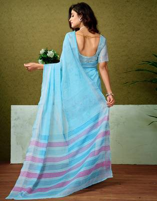 ready made blue linen zari screen printed casual and work saree 2