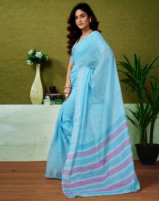 ready made blue linen zari screen printed casual and work saree 3