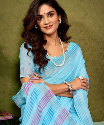 ready made blue linen zari screen printed casual and work saree 4