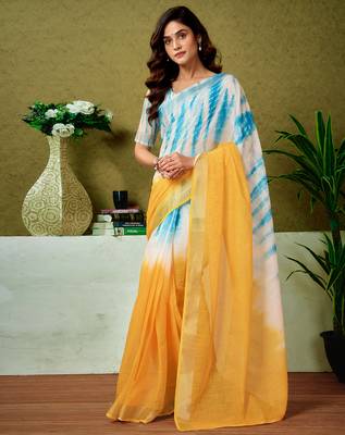 pre-stitched yellow and blue linen zari screen printed casual and work saree 1