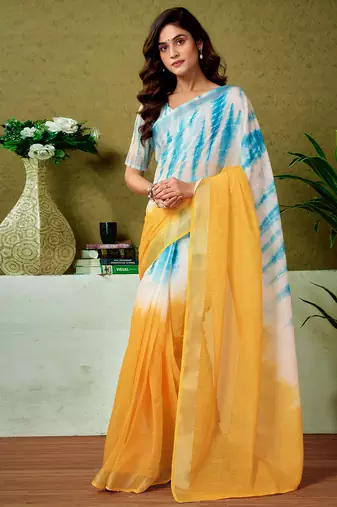 Yellow and blue linen zari screen printed casual and work ready to wear saree with blouse