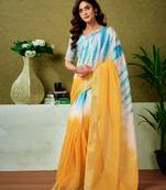 ready to wear yellow and blue linen zari screen printed casual and work saree with blouse