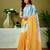 Yellow and blue linen zari screen printed casual and work ready to wear saree with blouse