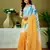 ready to wear yellow and blue linen zari screen printed casual and work saree with blouse