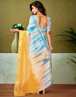 pre-stitched yellow and blue linen zari screen printed casual and work saree 2