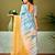 Yellow and blue linen zari screen printed casual and work ready to wear saree with blouse