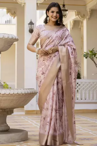 Off-white and mauve screen printed woven zari work ceremony, party and festive ready to wear saree with blouse