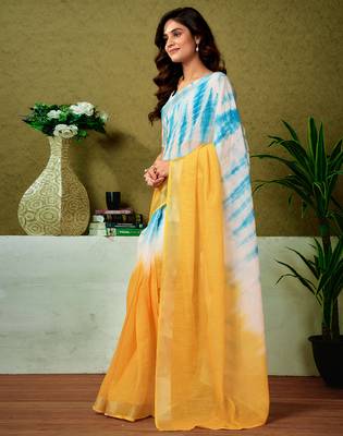 pre-stitched yellow and blue linen zari screen printed casual and work saree 3