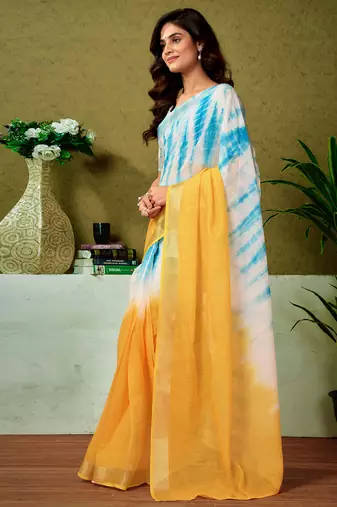 pre-stitched yellow and blue linen zari screen printed casual and work saree