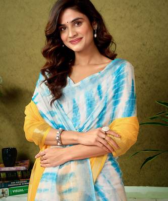 pre-stitched yellow and blue linen zari screen printed casual and work saree 4