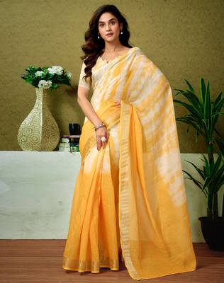 ready to wear yellow linen zari screen printed casual and work saree 1