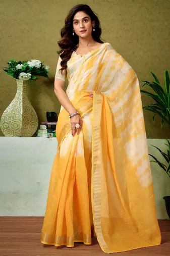 Yellow linen zari screen printed casual and work ready to wear saree with blouse