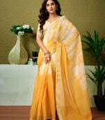 ready to wear yellow linen zari screen printed casual and work saree with blouse