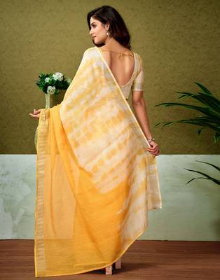 ready to wear yellow linen zari screen printed casual and work saree 2