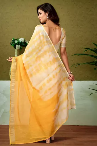 ready to wear yellow linen zari screen printed casual and work saree