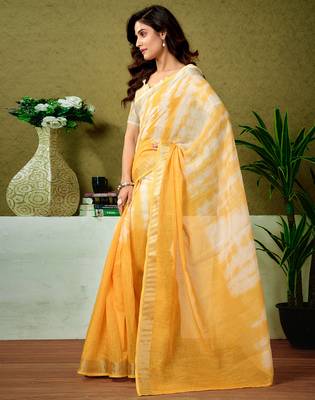 ready to wear yellow linen zari screen printed casual and work saree 3