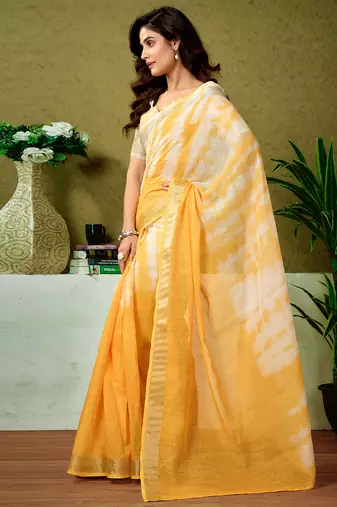 ready to wear yellow linen zari screen printed casual and work saree
