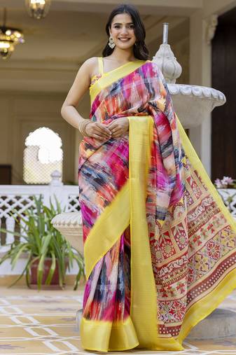 Multicolor silk zari screen printed woven ceremony, party and festive ready to wear saree with blouse