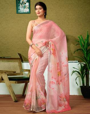 pre draped multicolor and pink linen zari screen printed zari saree 1