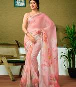 ready to wear multicolor and pink linen zari screen printed zari saree with blouse