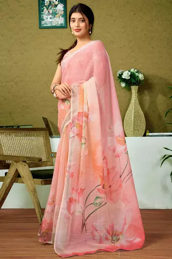 pre draped multicolor and pink linen zari screen printed zari saree