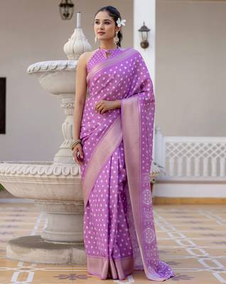 pre draped purple silk zari screen printed woven bandhani ceremony, party and festive saree 1