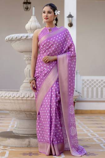 Purple silk zari screen printed woven bandhani ceremony, party and festive ready to wear saree with blouse