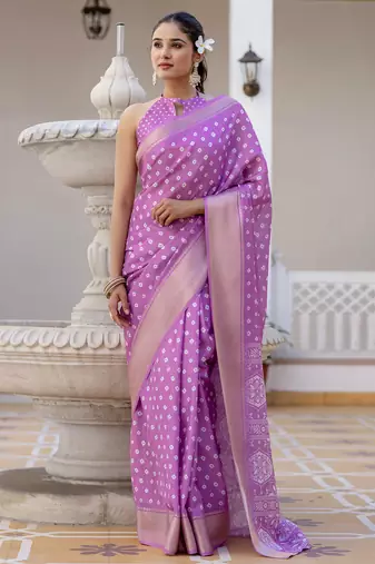 Purple silk zari screen printed woven bandhani ceremony, party and festive ready to wear saree with blouse