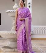 ready to wear purple silk zari screen printed woven bandhani ceremony, party and festive saree with blouse
