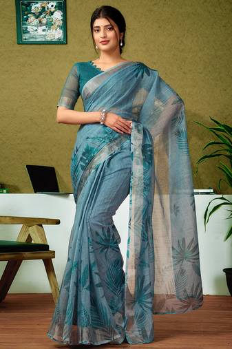 Blue linen zari screen printed zari work ceremony and festival ready to wear saree with blouse