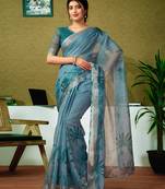 ready to wear blue linen zari screen printed zari saree with blouse