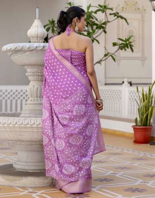 pre draped purple silk zari screen printed woven bandhani ceremony, party and festive saree 2