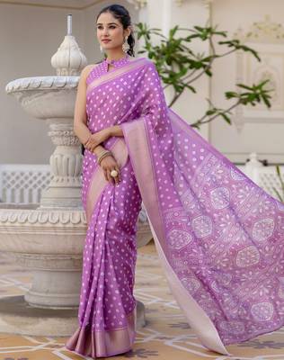 pre draped purple silk zari screen printed woven bandhani ceremony, party and festive saree 3
