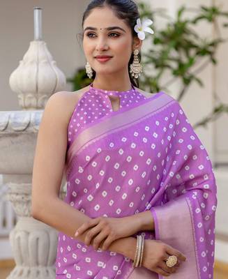 pre draped purple silk zari screen printed woven bandhani ceremony, party and festive saree 4