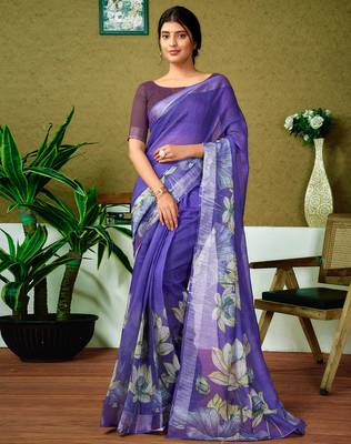 pre-stitched purple linen zari screen printed zari saree 1