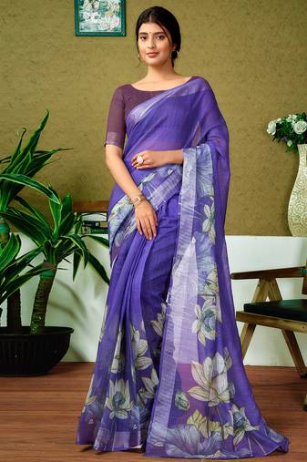 Purple linen zari screen printed zari work ceremony and festival ready to wear saree with blouse