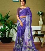 ready to wear purple linen zari screen printed zari saree with blouse