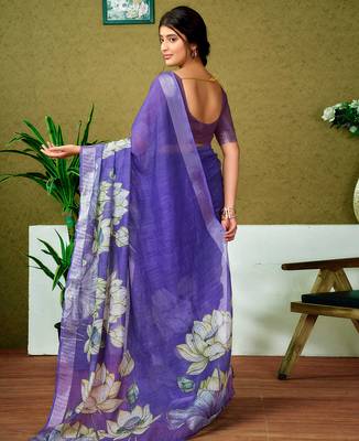 pre-stitched purple linen zari screen printed zari saree 2