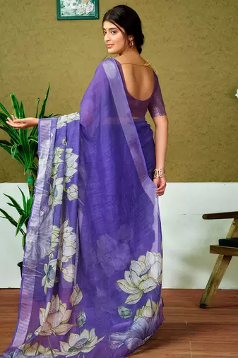 pre-stitched purple linen zari screen printed zari saree