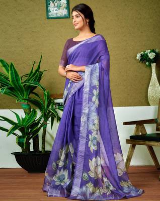 pre-stitched purple linen zari screen printed zari saree 3